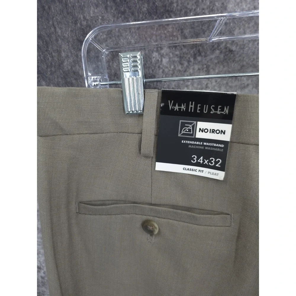 Van Heusen  Dress Pants Mens 34 X 32 Beige Classic Fit No Iron Pleated New‎